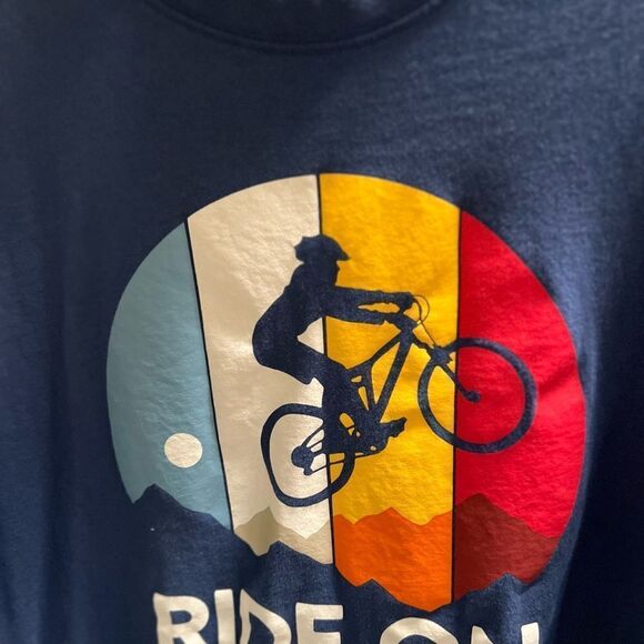 If Life Is Good Navy Blue Short Sleeve Tee with Bicycle Graphic “Ride On” #172 - Picture 2 of 5